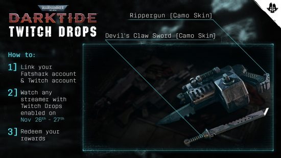 Warhammer 40K Darktide cosmetics: The Twitch Drops campaign promotional material, showcasing the different weapons skins available during the Drops campaign.