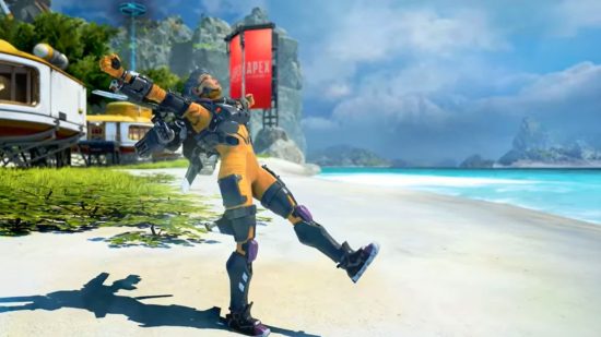 Apex Legends concept art: Valkyrie stretches and leans back while standing on the beach in the Storm Point map