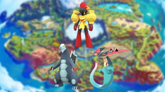 Best Pokemon Scarlet: A blurred map of the Paldea region with three Pokemon overlaid on top