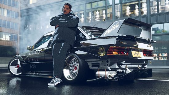 Best PS5 racing games: ASAP Rocky leans against a car in Need for Speed Unbound