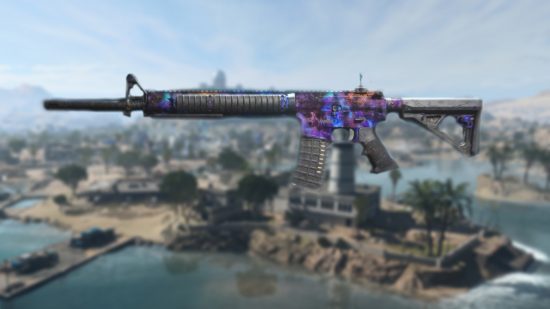 Best Warzone 2 assault rifle: an M4 assault rifle with Orion camo, imposed over a blurred image of the Warzone 2 map