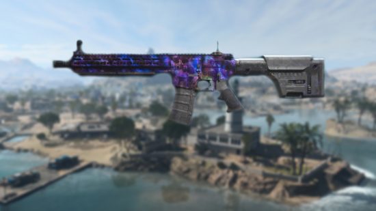 Best Warzone 2 battle rifle: an FTAC Recon battle rifle with Orion camo, imposed over a blurred image of the Warzone 2 map