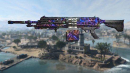 Best Warzone 2 LMG: a RAAL LMG with Orion camo, imposed over a blurred image of the Warzone 2 map