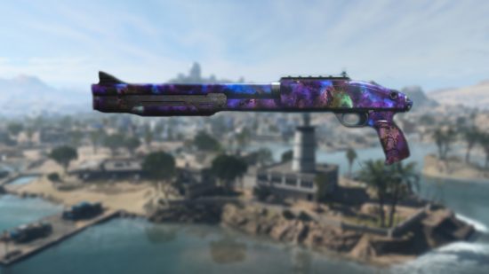 Best Warzone 2 shotgun: a Bryson shotgun with Orion camo, imposed over a blurred image of the Warzone 2 map