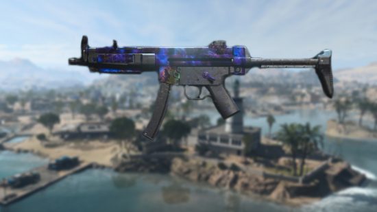Best Warzone 2 SMG: a Lachmann Sub SMG with Orion camo, imposed over a blurred image of the Warzone 2 map
