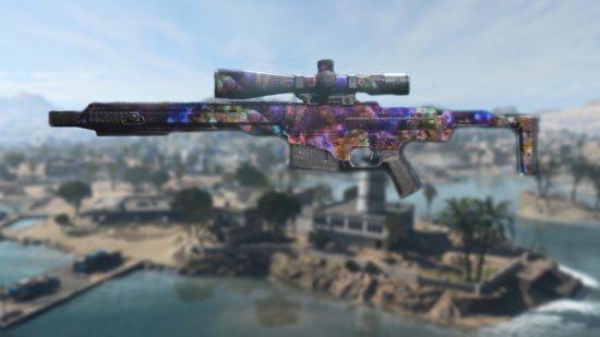 Best Warzone 2 sniper: an MCPR sniper with Orion camo, imposed over a blurred image of the Warzone 2 map