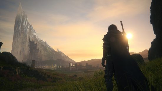 Final Fantasy 16 pre-orders image showing a character gazing across a beautiful field at sunset.