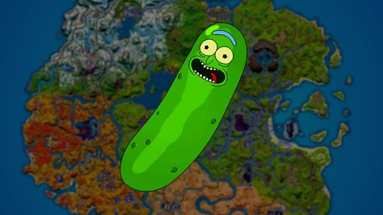 Fortnite free Pickle Rick back bling: an image of Pickle Rick on a dark background