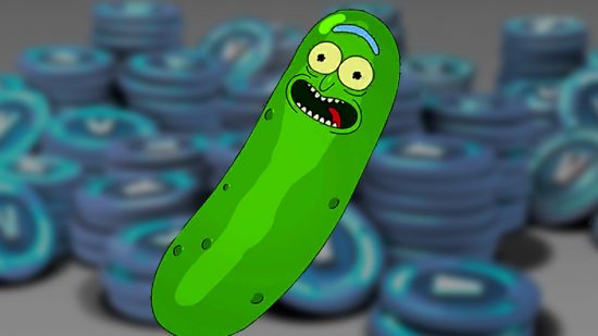 Fortnite Pickle Rick back bling item store: an image of a human pickle on a blurred background