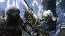 God of War Ragnarok Best Shield: Kratos can be seen blocking an attack with a shield