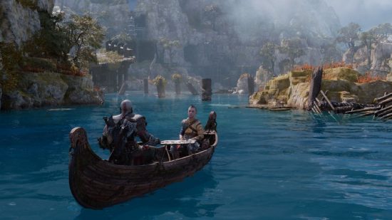 God of War Ragnarok Graphics Modes: Kratos and Atreus can be seen sitting in a boat