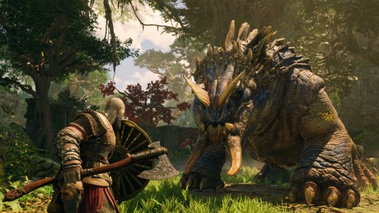 God of War Ragnarok PS4 performance: Kratos faces down a giant, tusked creature in a woodland setting