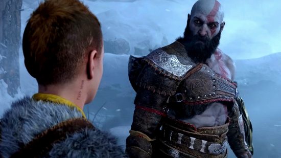 God of War Ragnarok release time: an image of Kratos looking angry at Atreus