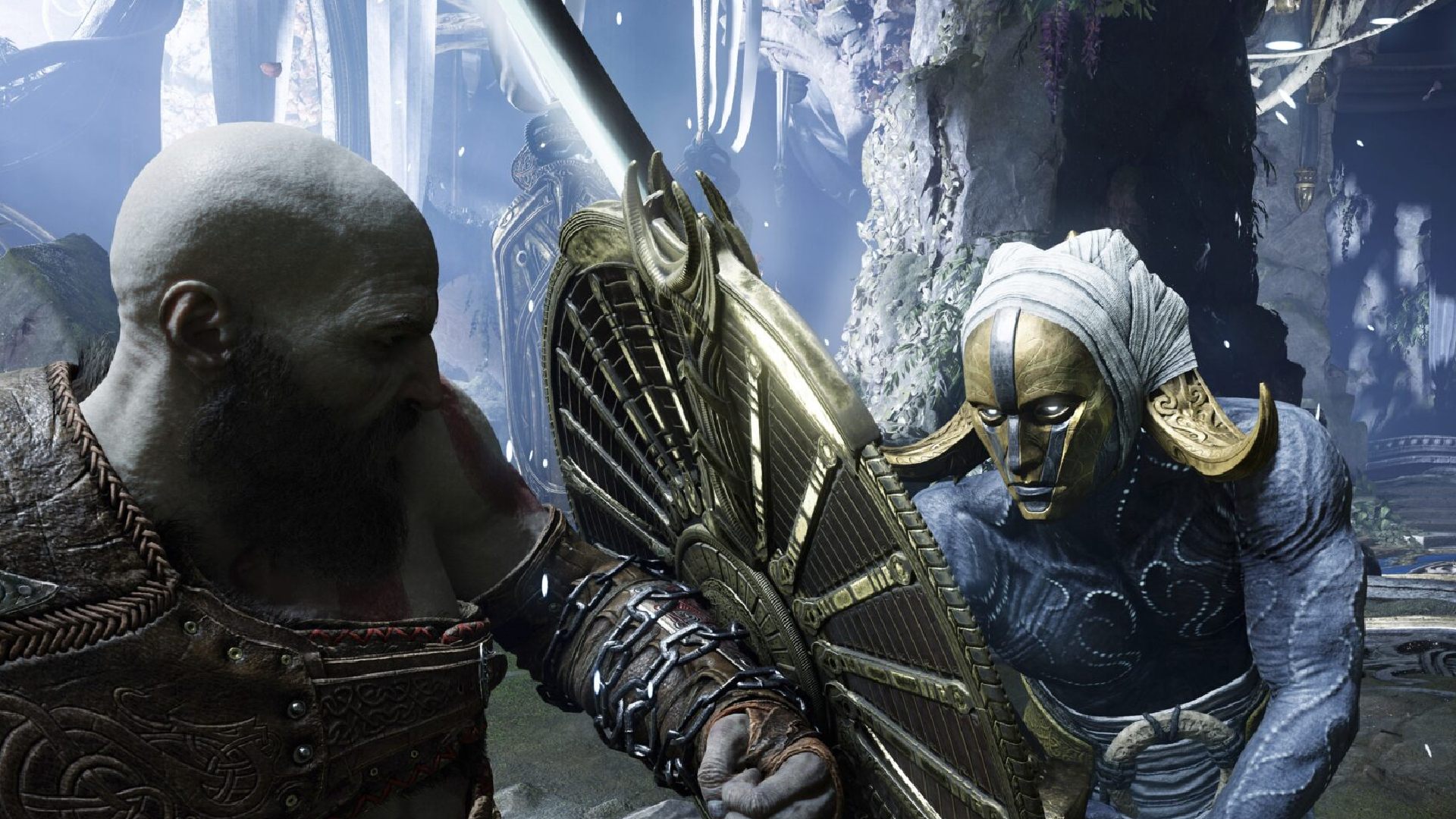 God of War Ragnarok Weapons: Kratos can be seen blocking an attack