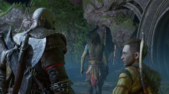 God of War Ragnarok review: Kratos and Atreus glance at each other while following behind Tyr