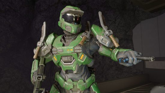 Halo Infinite Forge The Pit: A Spartan in green armor in Halo Infinite