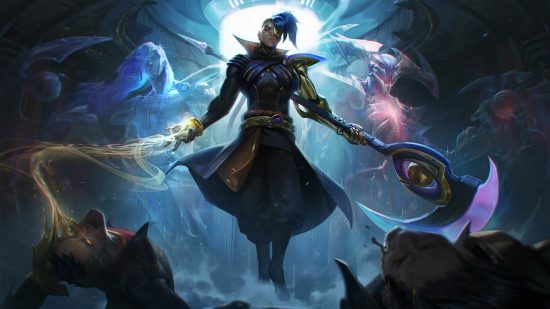 LoL jungle rework: Kayn levitating in the air. One hand is draining the life force from another champion, and the other is holding a large staff
