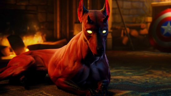 Marvel's Midnight Suns pet the dog: an image of Charlie the hellhound in front of the fireplace