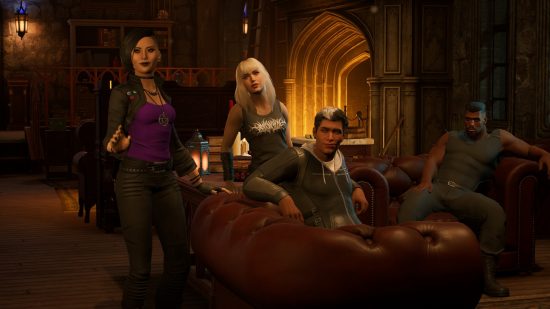 Marvel's Midnight Suns review: the team in the social area, Magik and Niko are sat by Ghost Rider and Blade