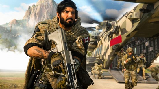 MW2 polyatomic camo: A bearded operator holding a rifle as soldiers exit a helicopter behind him