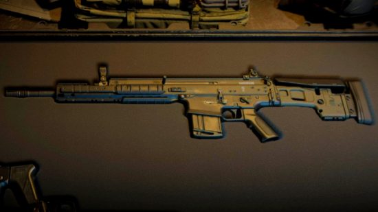 Modern Warfare 2 TAQ-M loadout: an image of the marksman rifle in a crate