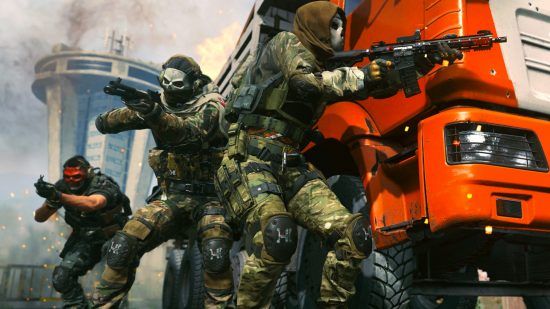 MW2 Gold camo: three operators take cover behind a truck in Modern Warfare 2