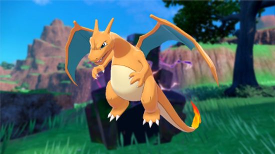 Pokemon Scarlet and Violet Charizard event release time: A Charizard imposed onto a blurred image of a Black Crystal Tera Raid marker