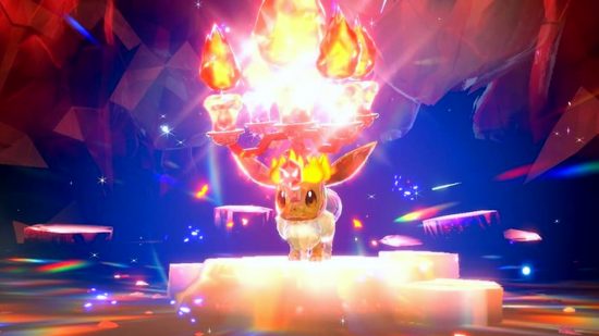 Pokemon Scarlet and Violet Eevee Tera Raid: An Eevee with a fiery crown made of crystals on its head