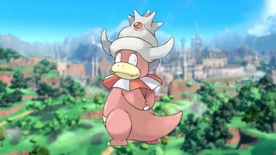 Pokemon Scarlet and Violet new moves: A blurred image of a city in Paldea, with Slowking imposed on top