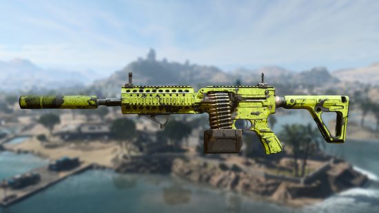 Warzone 2 556 Icarus loadout: A 556 Icarus in Slime Team camo on a background of Al Mazrah