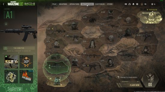 Warzone 2 battle pass map sectors: the battle pass map in Warzone 2 with A1 highlighted