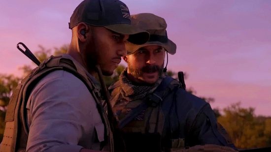 Warzone 2 early access: an image of Price and Gaz looking at a laptop outside