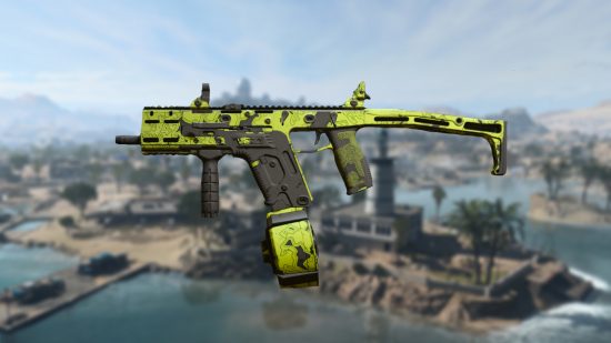 Warzone 2 Fennec 45 loadout: A Fennec 45 in Slime Town camo on a background of Al Mazrah