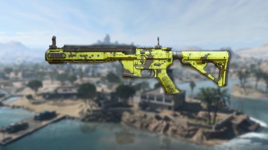 Warzone 2 FSS Hurricane loadout: A FSS Hurricane in a green and black camo, set against a blurred image of the Warzone 2 map
