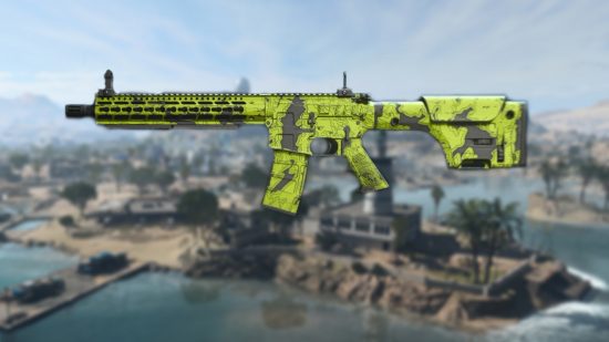 Warzone 2 FTAC Recon loadout: An FTAC Recon in a green and black camo, imposed on a blurred image of the Warzone 2 map