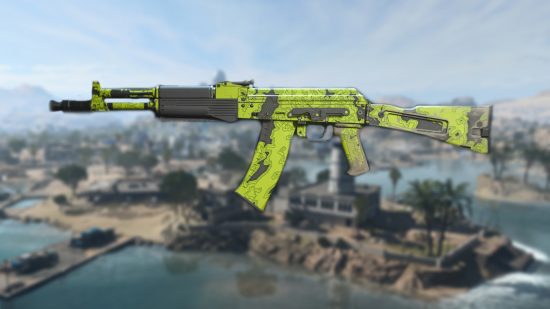 Warzone 2 Kastov 545 loadout: A Kastov 545 in a green and black camo, set against a blurred image of the Warzone 2 map