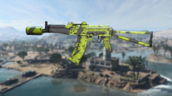 Warzone 2 Kastov 74u loadout: A Kastov 74u in a green and black camo, set against a blurred image of the Warzone 2 map