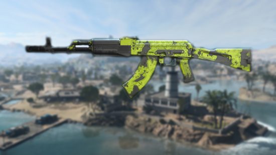 Warzone 2 Kastov 762 loadout: A Kastov 762 in a green and black camo, set against a blurred image of the Warzone 2 map