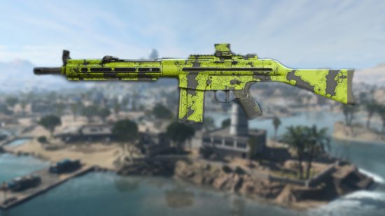 Warzone 2 Lachmann 762 loadout: A Lachmann 762 in a green and black camo, set against a blurred image of the Warzone 2 map