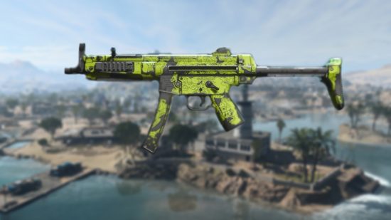 Warzone 2 Lachmann Sub loadout: A Lachmann sub in a green and black camo, imposed on a blurred image of the Warzone 2 map