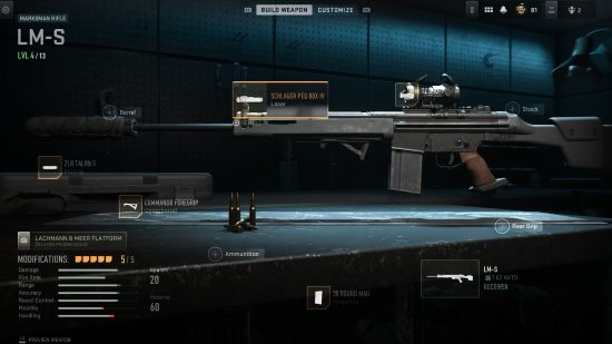 Warozne 2 LM-S loadout: an image of a marksman rifle weapon build in MW2