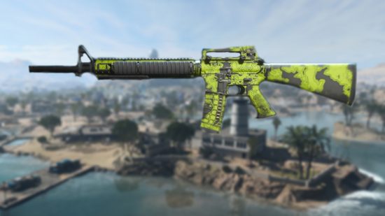Warzone 2 M16 loadout: An m16 in green and black camo, imposed over a blurred image of the warzone 2 map
