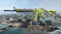 Warzone 2 M4 loadout: An M4 in a green and black camo, imposed on a blurred image of the Warzone 2 map