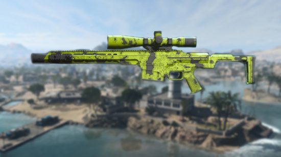 Warzone 2 MCPR 300 loadout: An MCPR 300 in a green and black camo, imposed on a blurred image of the Warzone 2 map