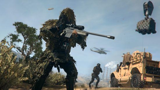 Warzone 2 nukes: An operator in a ghillie suit fires a round from a sniper rifle