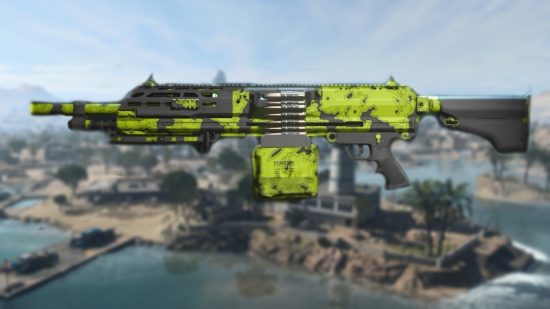 Warzone 2 RAAL MG loadout: A RAAL MG in a green and black camo, imposed on a blurred image of the Warzone 2 map