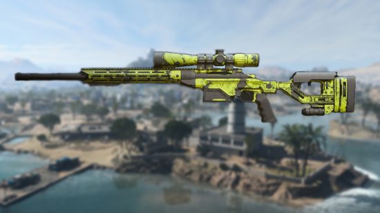 Warzone 2 SP-X 80 loadout: An SP-X 80 in green and black camo, set against a blurred image of the Warzone 2 map