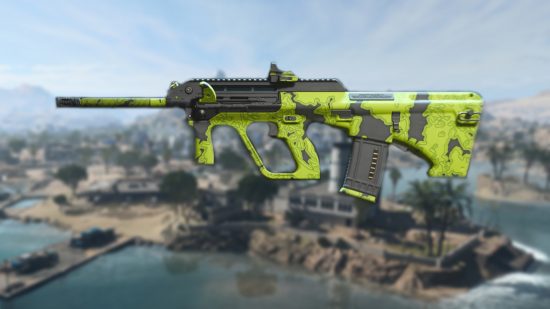 Warzone 2 STB 556 loadout: An STB 556 in a green and black camo, set against a blurred image of the Warzone 2 map