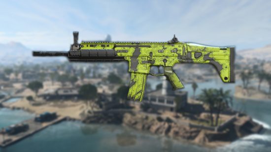 Warzone 2 TAQ 56 loadout: A TAQ 56 in a green and black camo, set against a blurred image of the Warzone 2 map