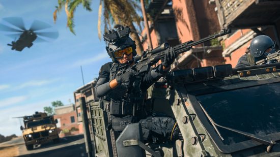 Warzone 2 tips and tricks: A Roze operator leans out a car with a sniper rifle